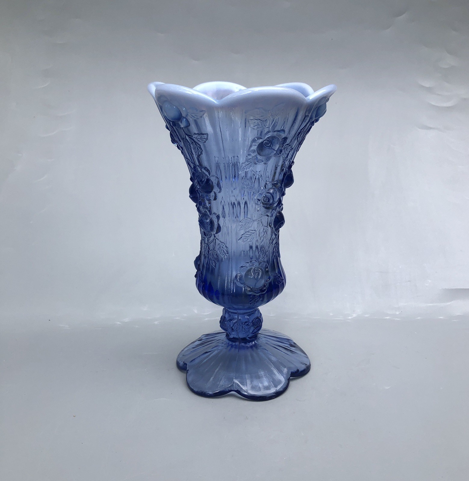 Fenton Glass Blue Opalescent Cabbage Rose Footed Vase Manganese UV Glow