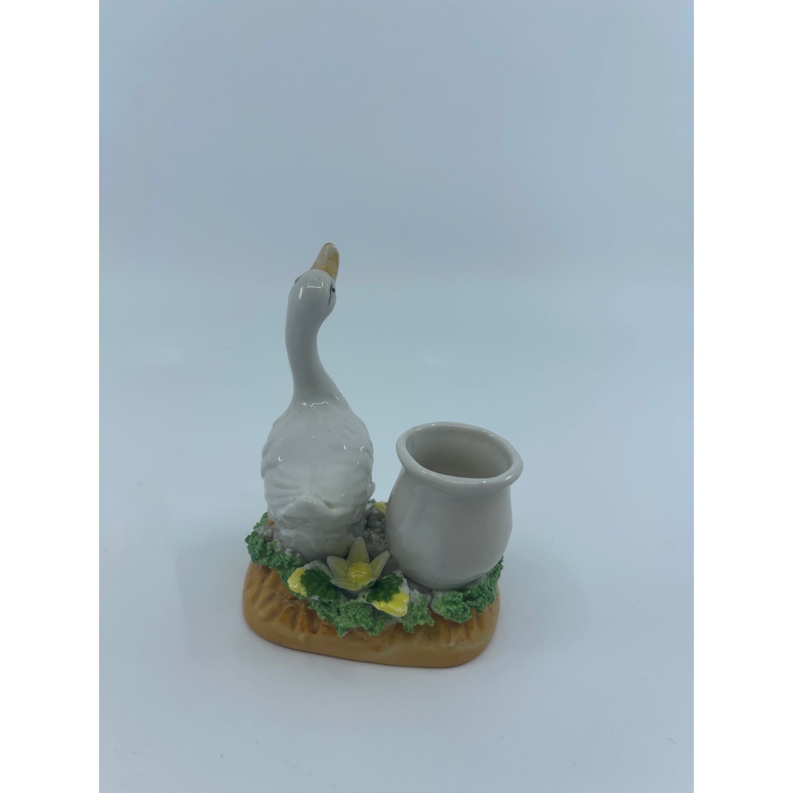 Vtg Ceramic Goose Planter Pot Holder With Purple Lily Flowers 4″