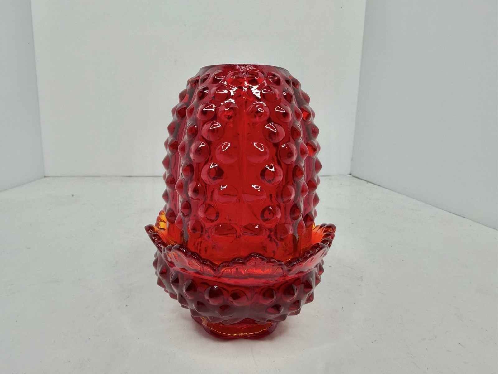 Vintage MCM Fenton Hobnail Amberina Fairy Lamp 2 Pcs Stunning