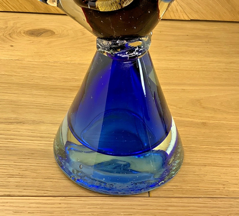 Vintage 1970s Murano Style Glass Fish Sculpture Blue Purple Clear Gold 14 Inch