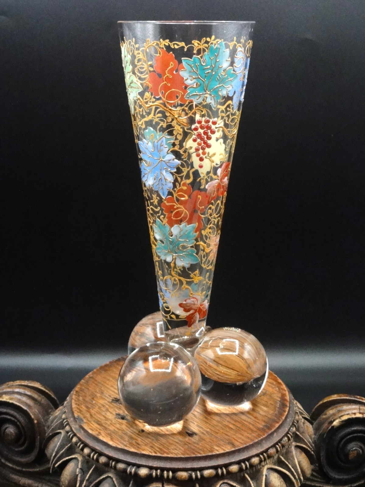 Antique Harrach Art Glass Vase w/ Moser Hand Painted Enamel + Bead Grape Leaves