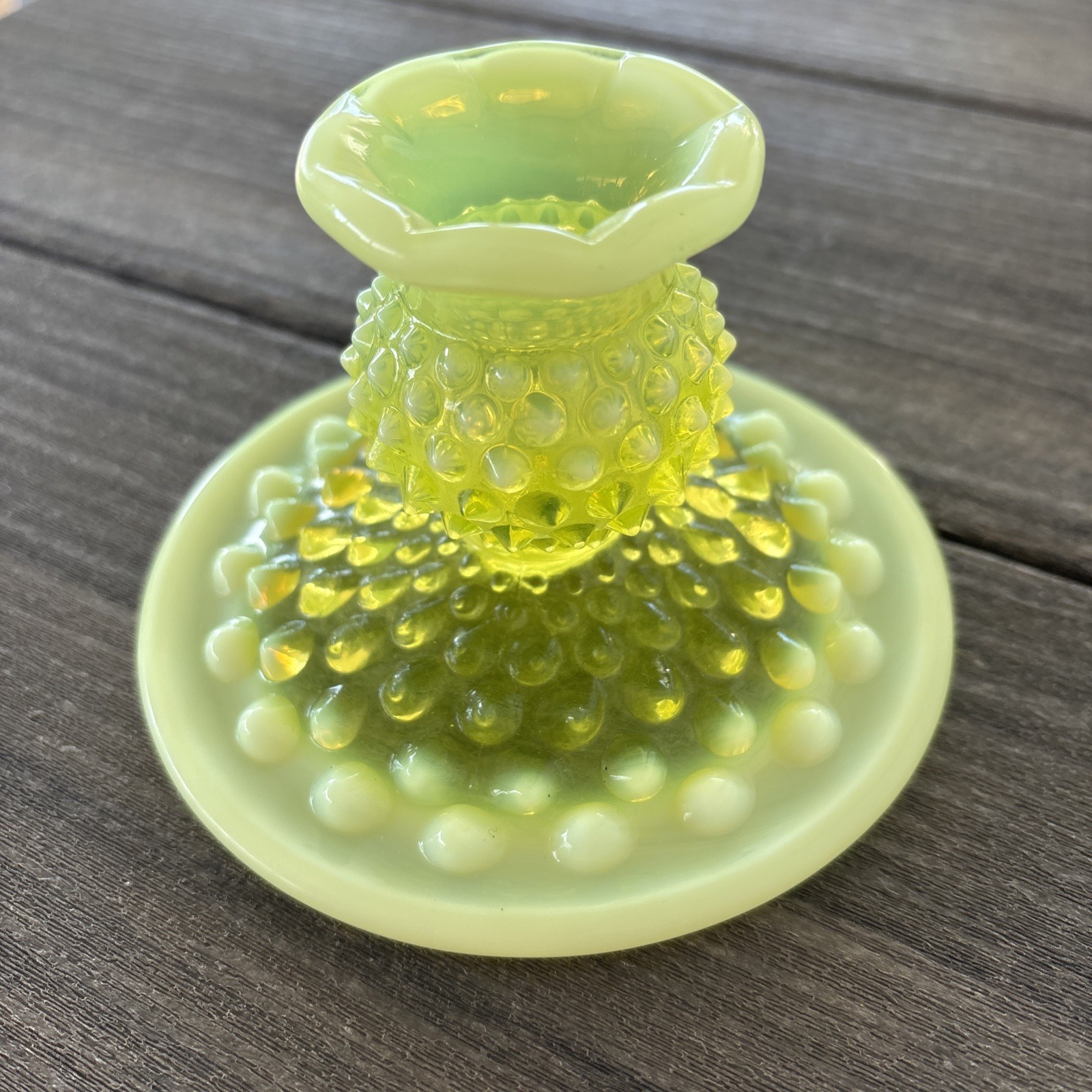 1 Fenton Hobnail Candlestick Holder Vaseline Topaz Opalescent Uranium 3” H