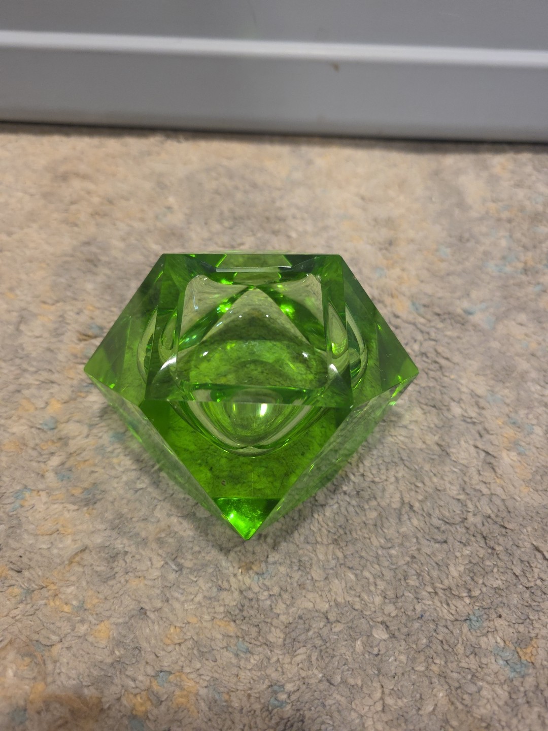 Art Deco MCM Green Art Glass Faceted VTG Modernist Geometric Hexagon Ashtray