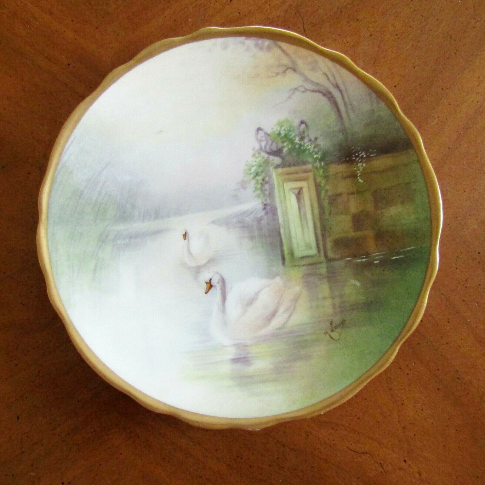 antique LIMOGES G Demartine & Cie CABINET PLATE Swans Gilded ARTIST SIGNED