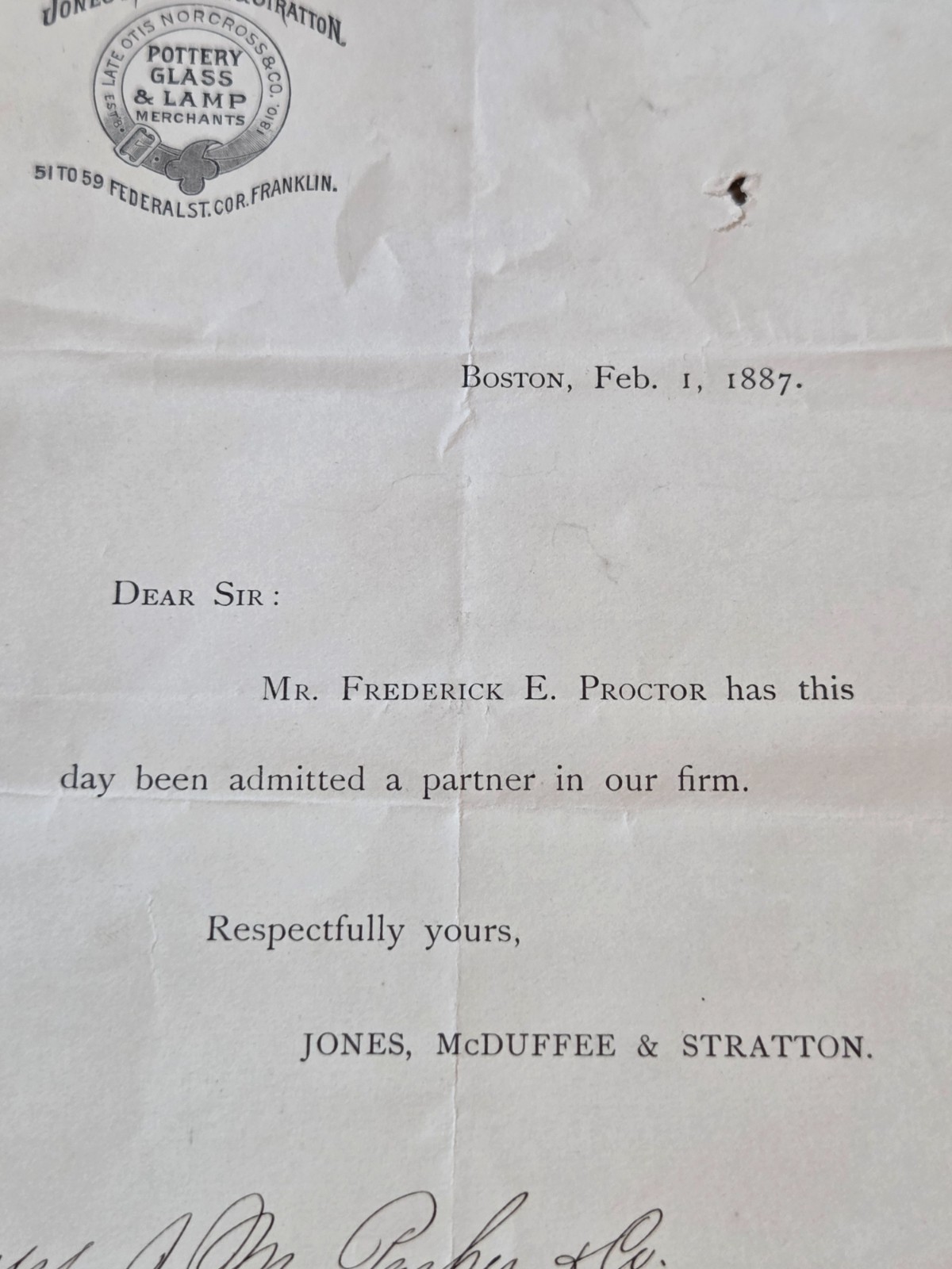 HISTORIC 1887 BOSTON POTTERY FIRM OTIS NORCROSS & CO LETTER