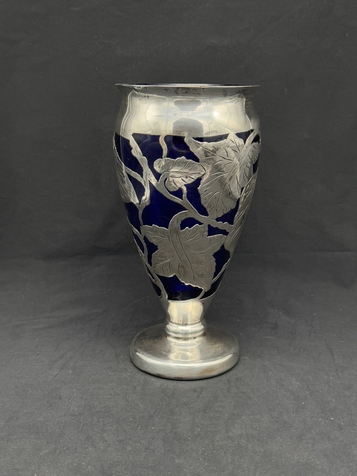 Antique Cobalt Blue Vase with Sterling Silver Overlay, 7 7/8″ tall