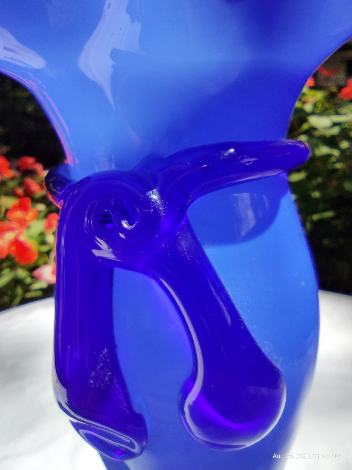 Cased Glass Vase Cobalt Hand Blown With Applied Bow 8.25″ Glows
