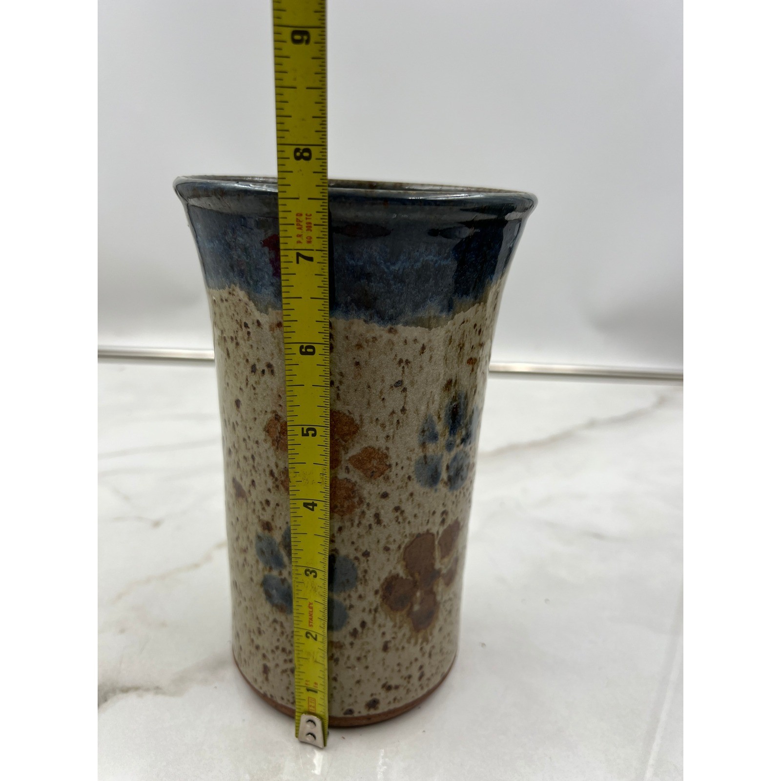 Studio Pottery Bud Vase Utensil Holder Signed Thrown Brown Specked Floral