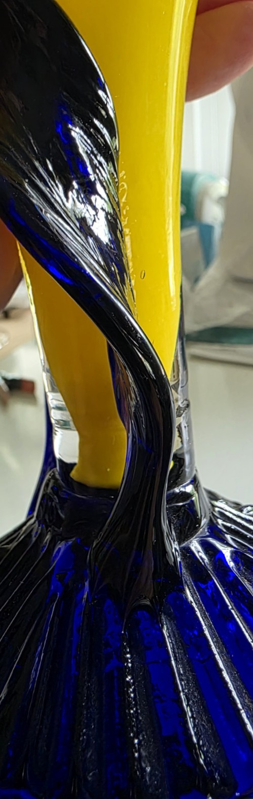 Czech Art Glass Vase Yellow w/ Blue Applied Wings 10.25″ Czecho‑Slovakia Stamp