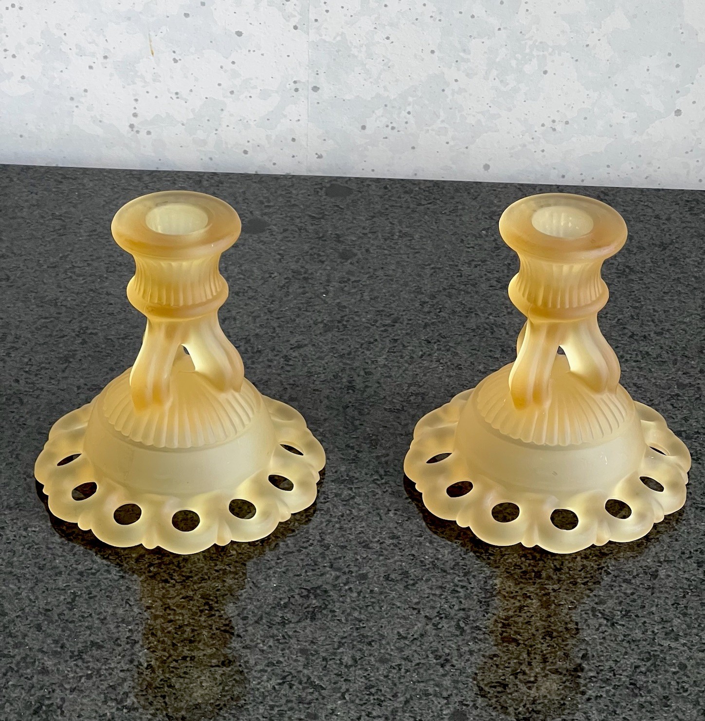 Westmoreland Yellow Satin Glass Doric Open Lace Candleholder Pair As Is*
