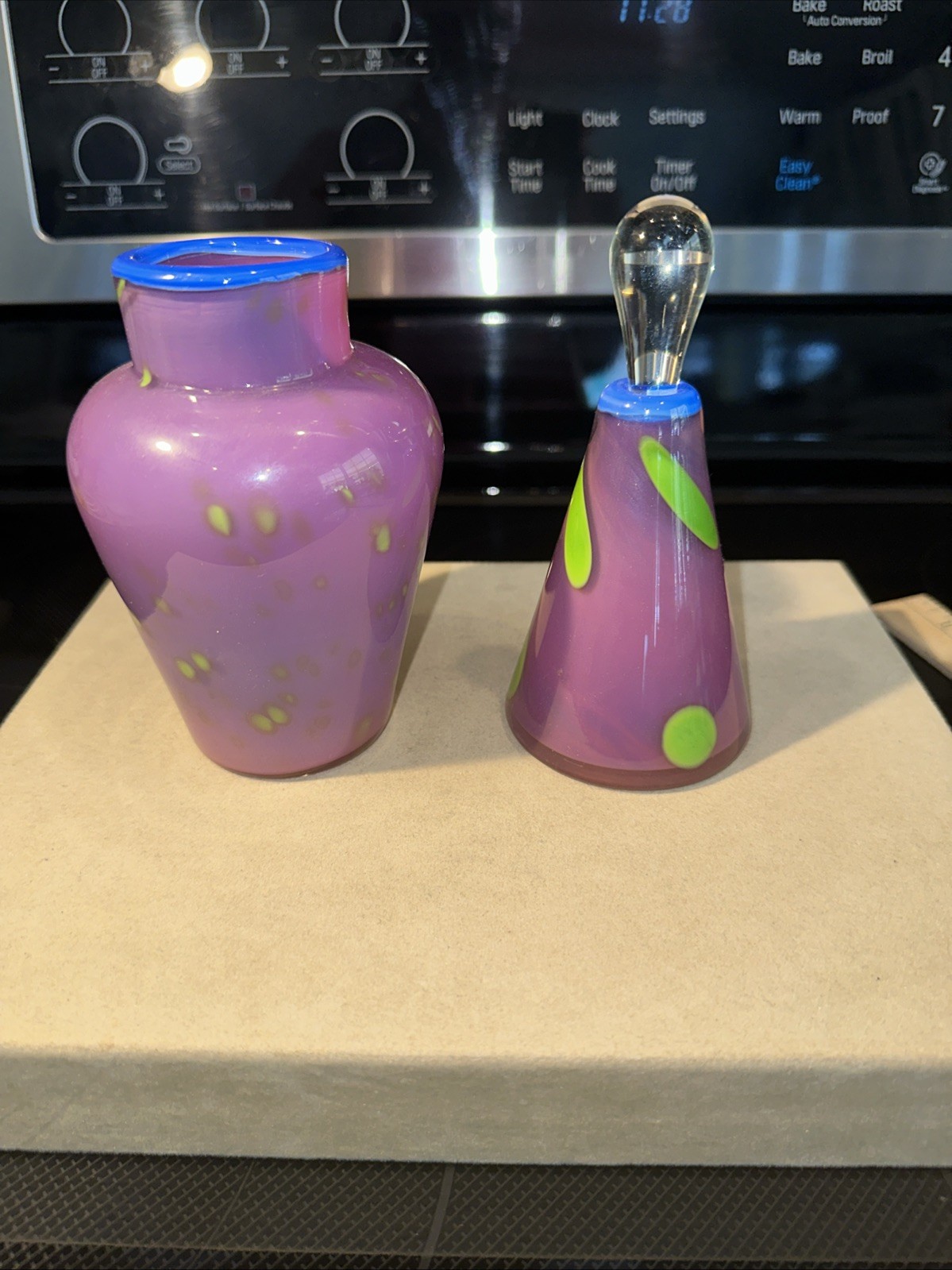 Signed Lavender Art Glass Perfume Bottle & Vase Dresser Set w/Green/Blue Accents