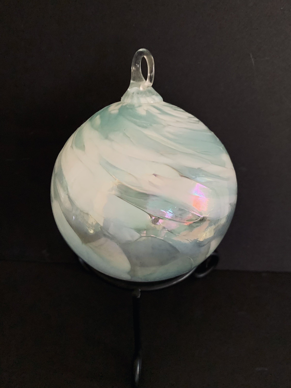 Glass Ball Ornament Swirl Design Iredescent Seafoam Green White Christmas