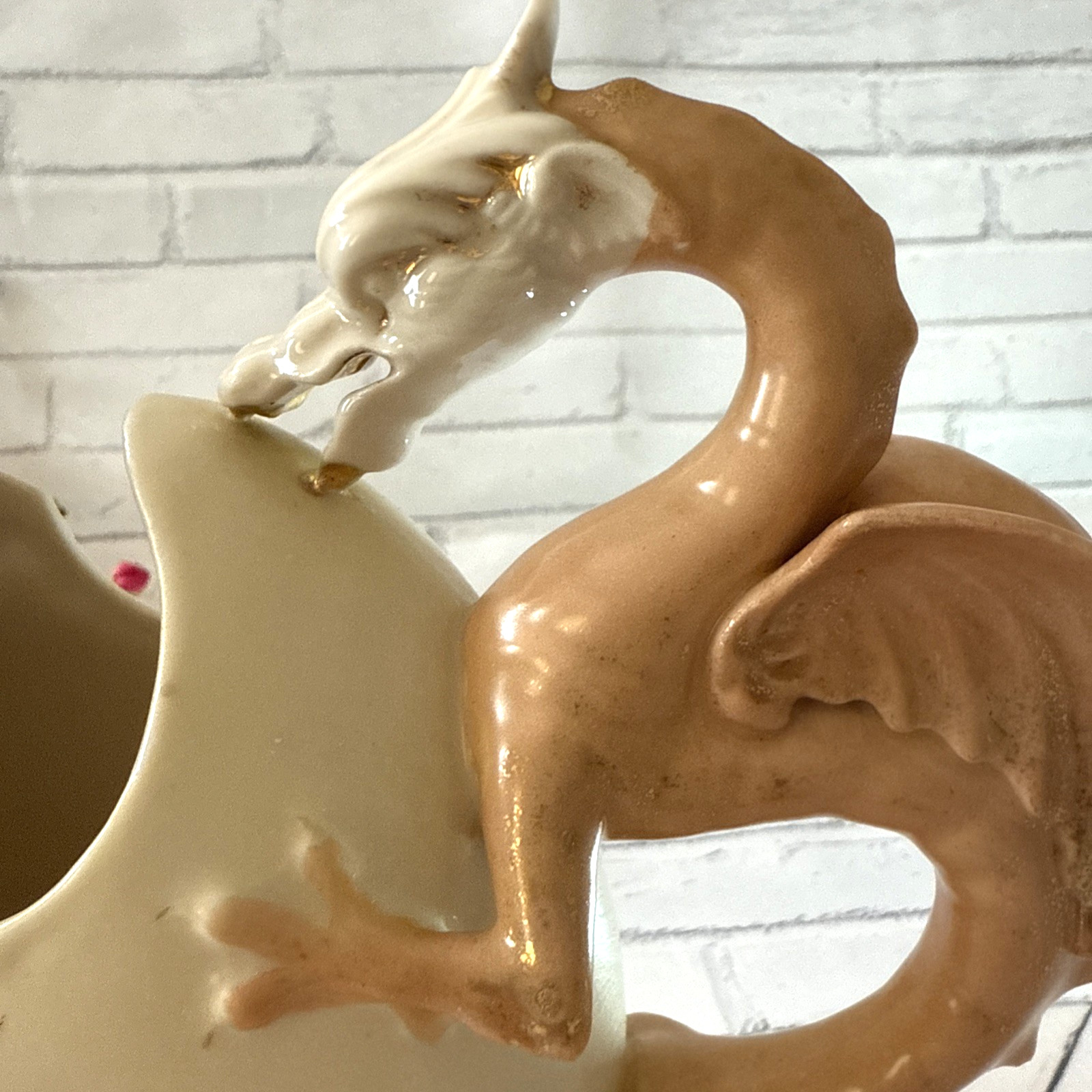 Rare! VTG Ceramic Ewer with Dragon Handle, Floral Design 9.75” Vase 1930-50 s