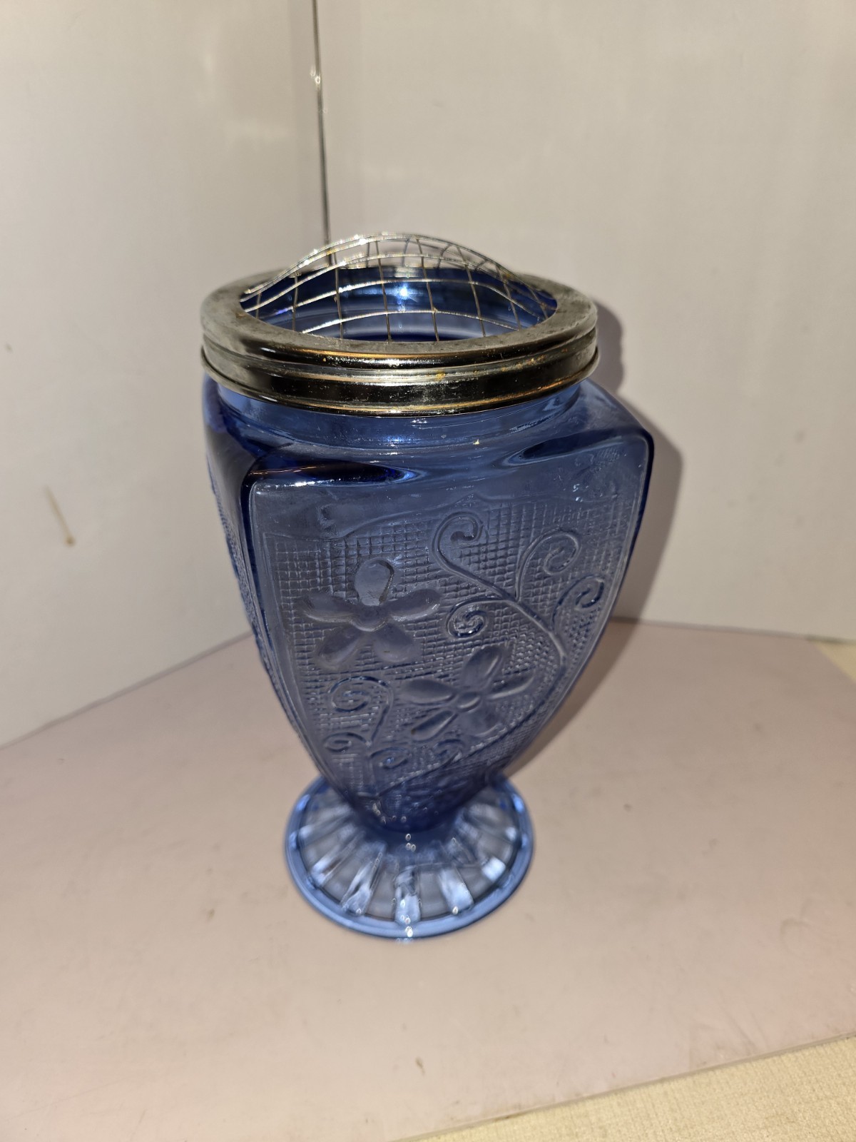 Vintage Blue Glass Flower Arranging 9″ Vase With Wire Floral “Frog”