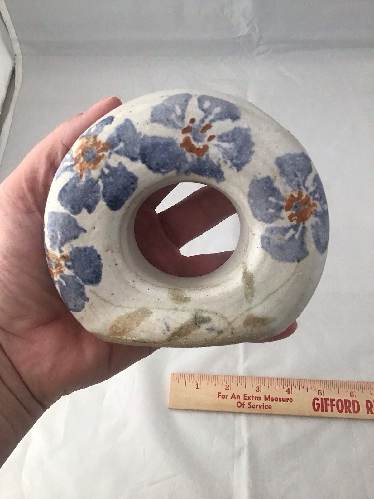 Art Pottery Donut Shape Double Bud Vase Painted Forget Me Not Flowers Signed 4”T