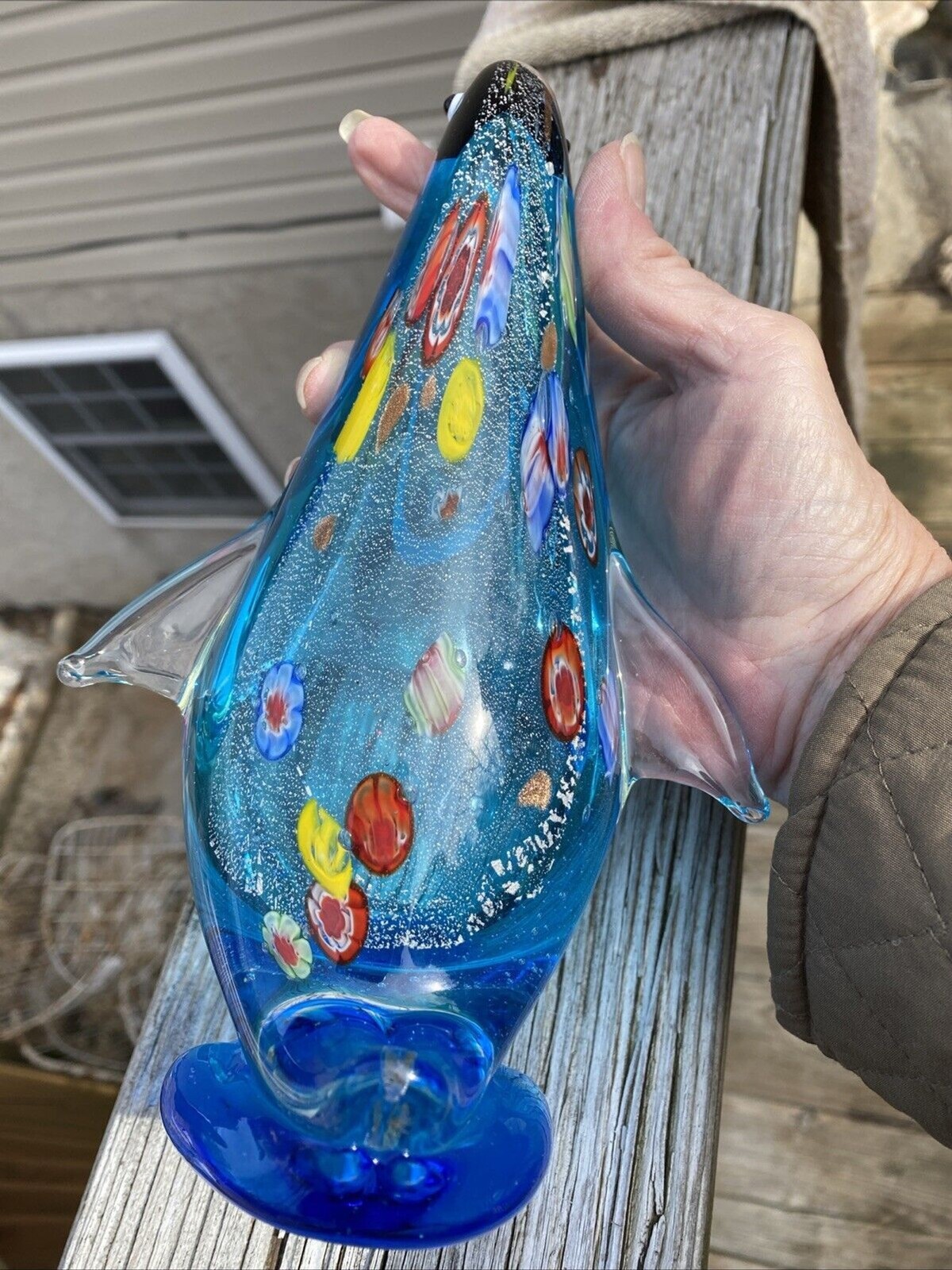 Pier 1? Art Glass Penquin Figurine Millefore Beautiful Blue 10”x 6”