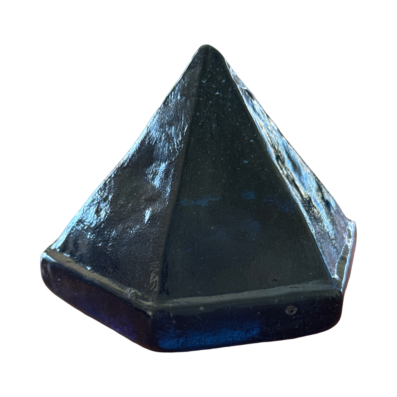 Handmade Iridescent Cobalt Cast Studio Art Glass Pyramid Paperweight Memphis