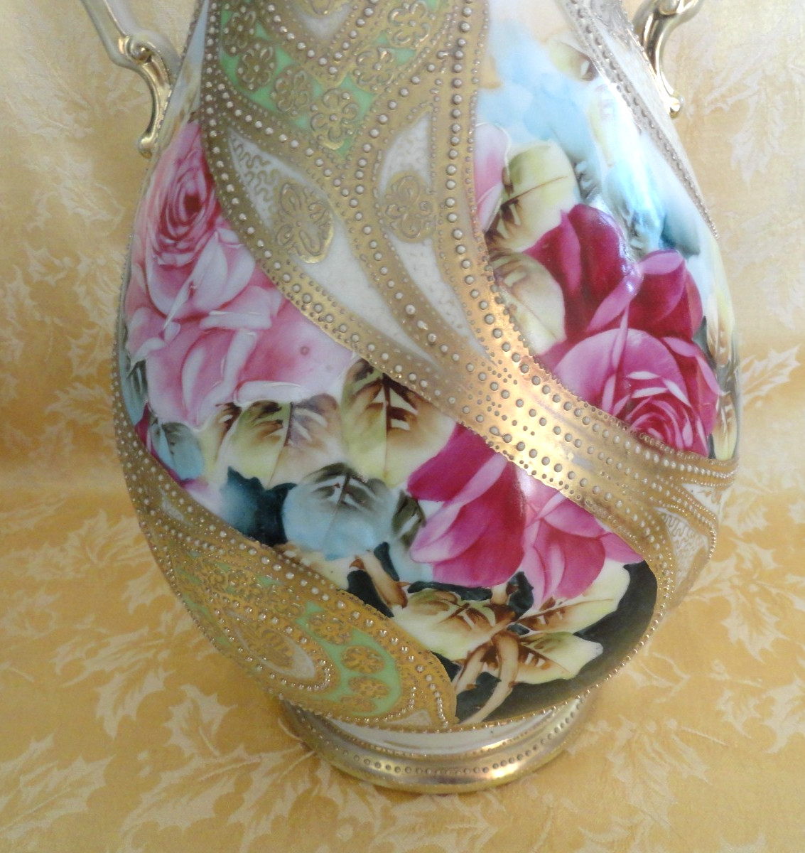 Large Antique Nippon Moriage Hand Painted Handled Vase Rose W/ Gold Gilt 12.5 H
