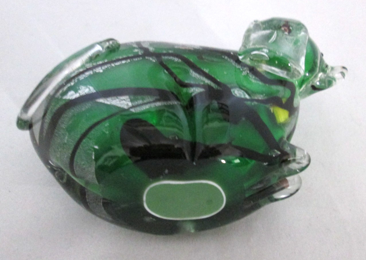 Art Glass Dog Figurine, Green, Black, Silver Flecks, Unbranded. 4″ H. 6″ W.