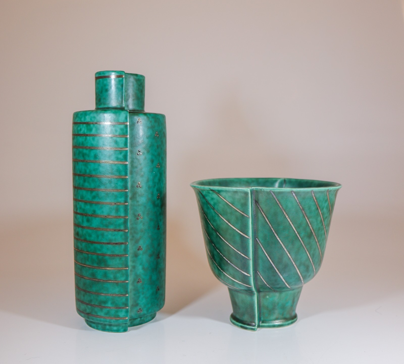 TWO RARE GREEN CERAMIC VASE ARGENTA / SURREA – WILHELM KÅGE GUSTAVSBERG