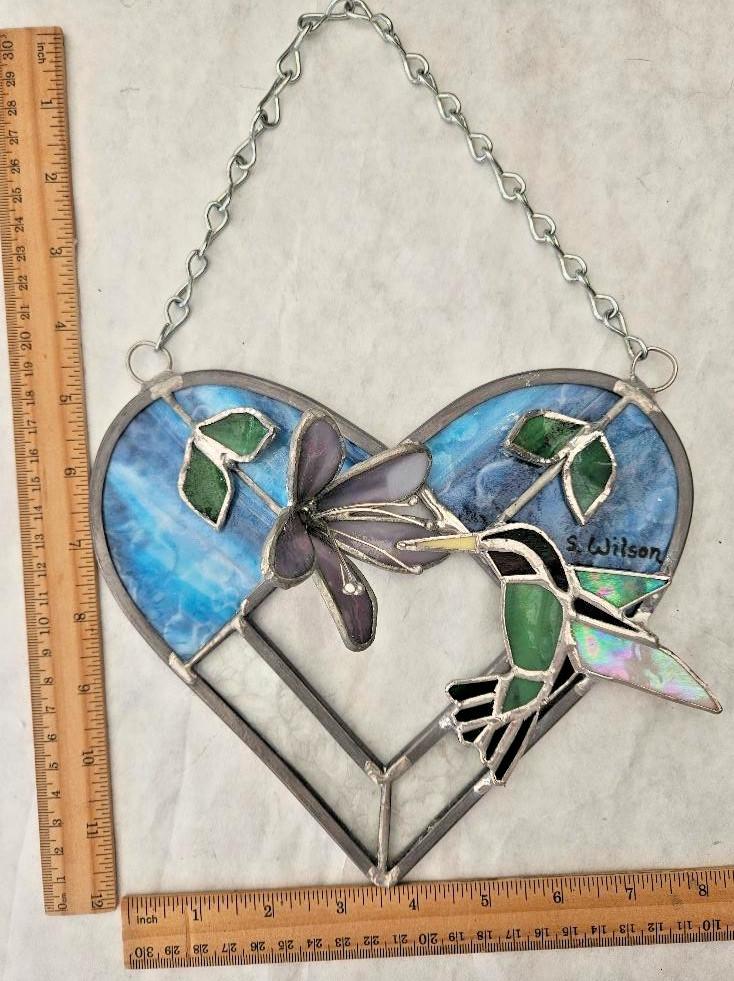 Handcrafted 3 D-Lily Flower/Stained Glass Heart/Hummingbird/New