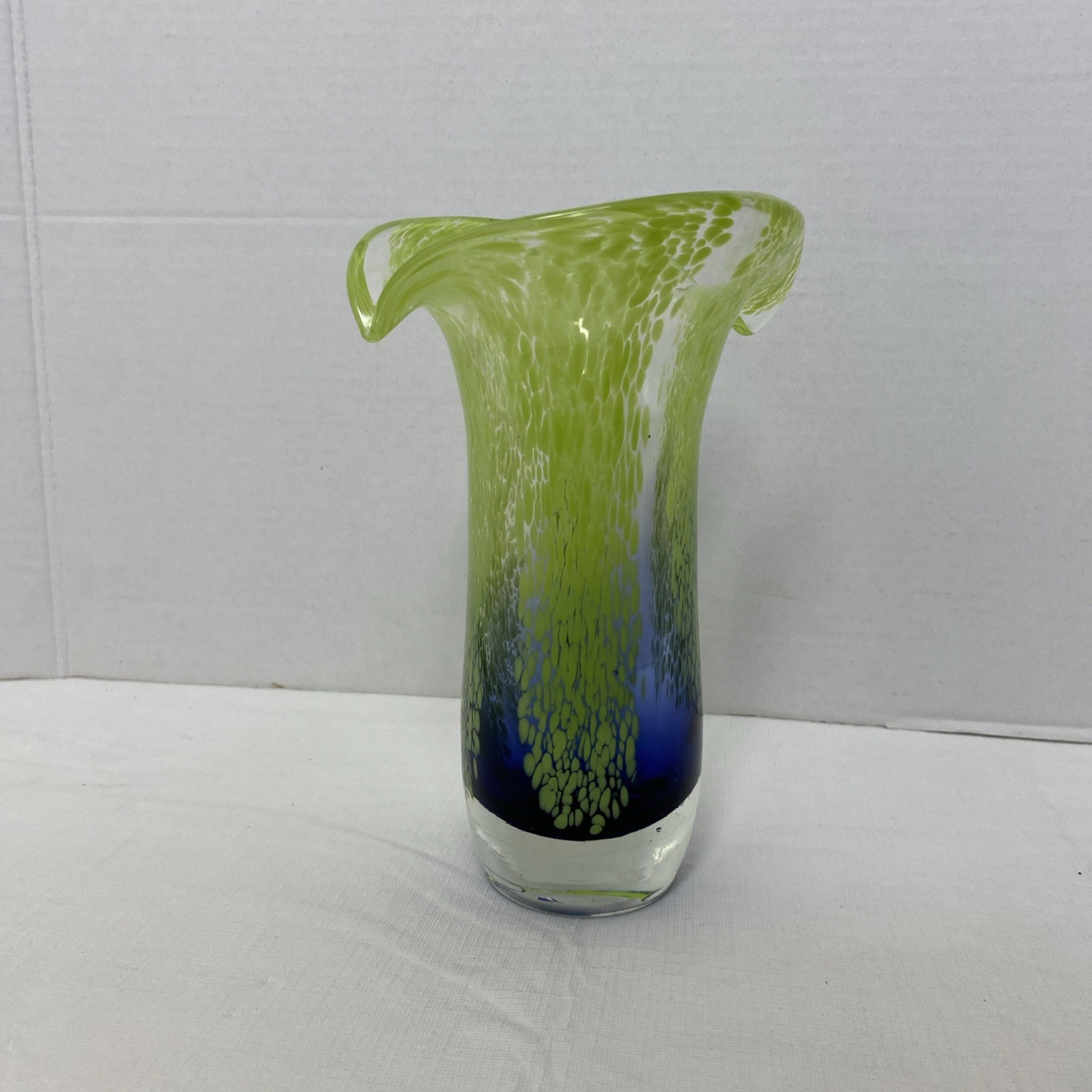 Handcrafted Art Glass Floral Vase Heavy With Blue & Green Swirl Design 7 3/4”