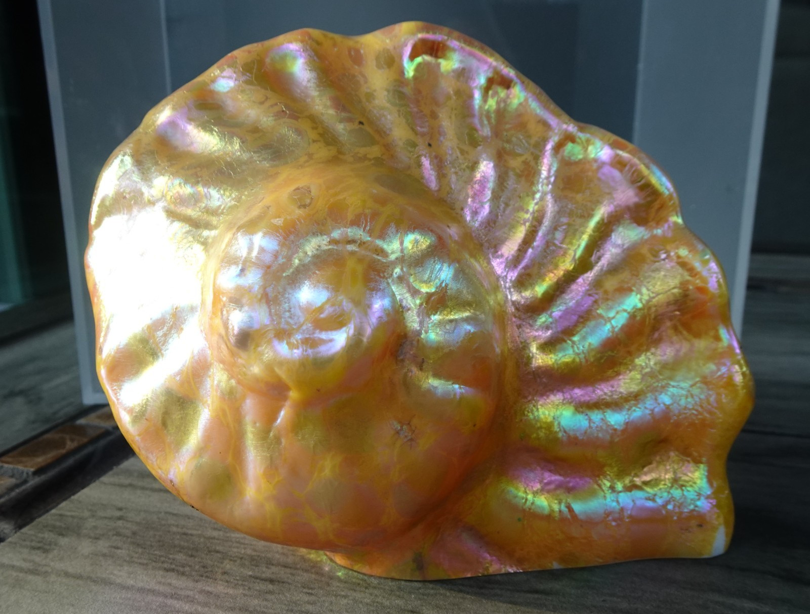 Signed Orient & Flume Glass Snail Shell Ocean Figurine Spotted Iridescent 1979