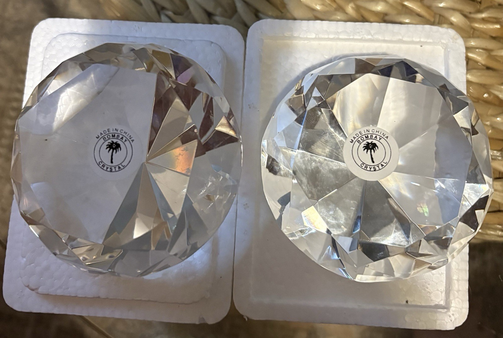 2 Bombay Crystal Diamond Shaped Paperweights 3 1/2” Wide, 2 1/2 Inches Tall