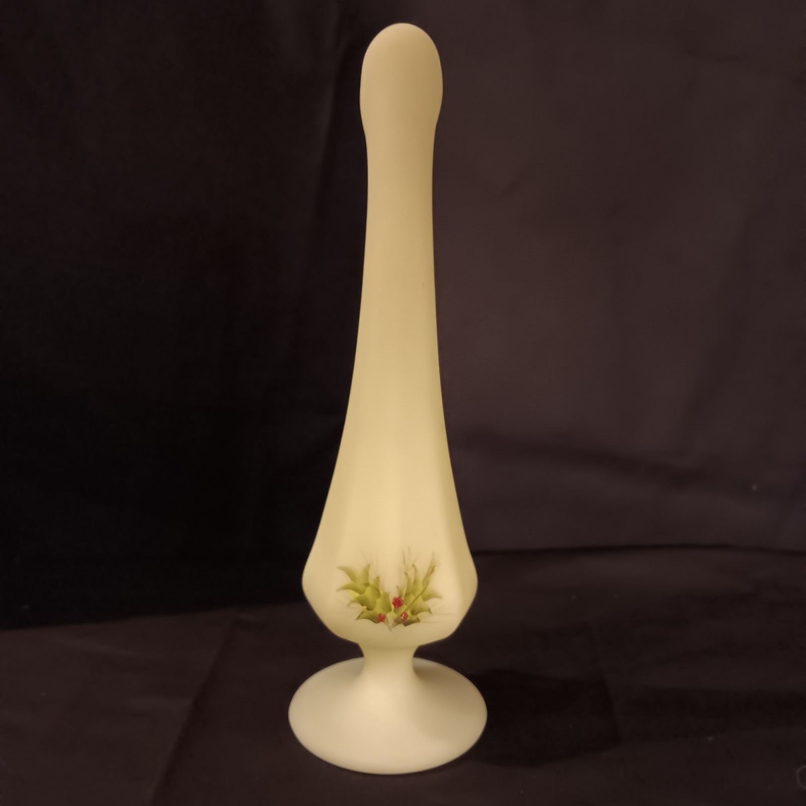 Fenton Art Glass Hand Painted And Signed 8 in. Holly on Custard Bud Vase 1970’s