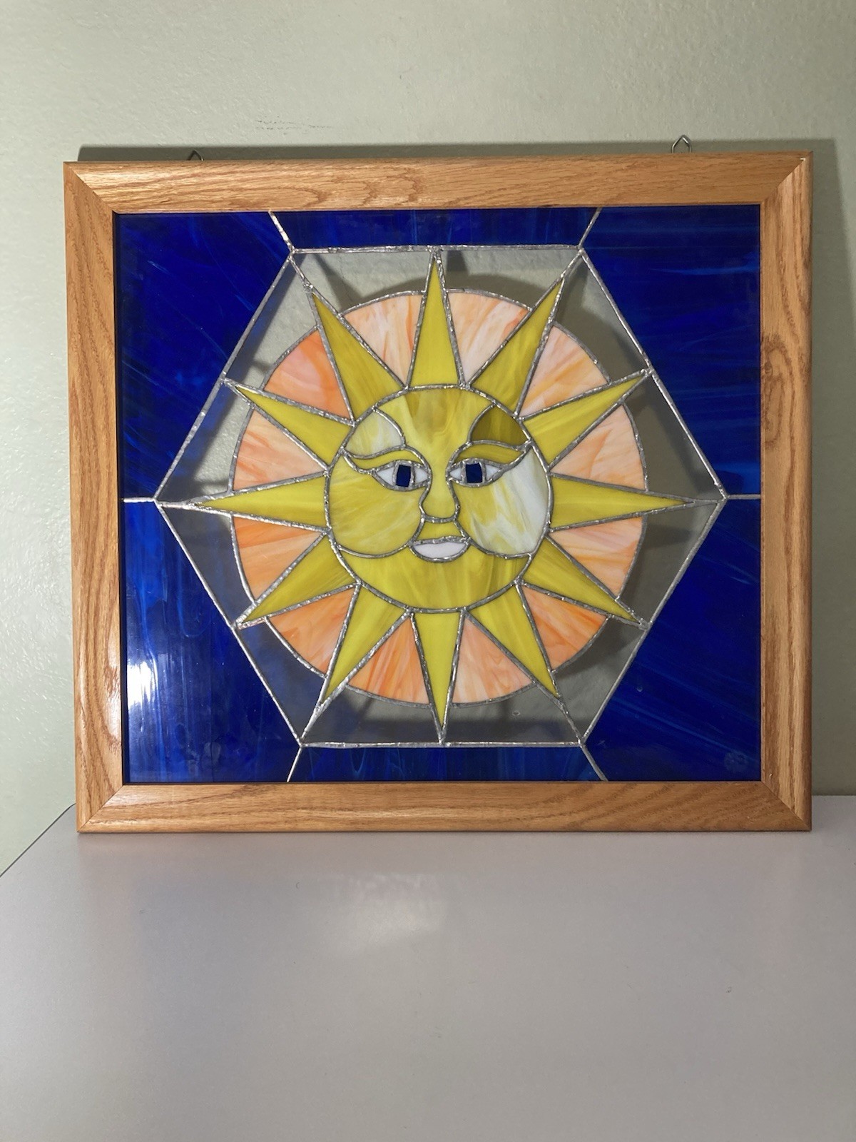 Large Handmade Stained Glass Sun Face Window Panel Oak Frame 22×20 Celestial Art