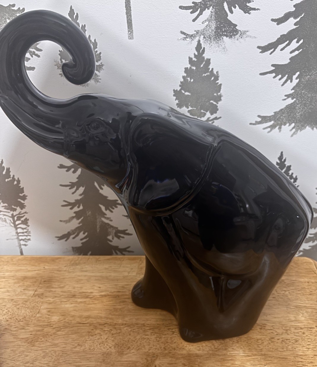 Haeger Large Ceramic Trunk Up Elephant #450 Shiny Black Vintage 16” Statue 1993
