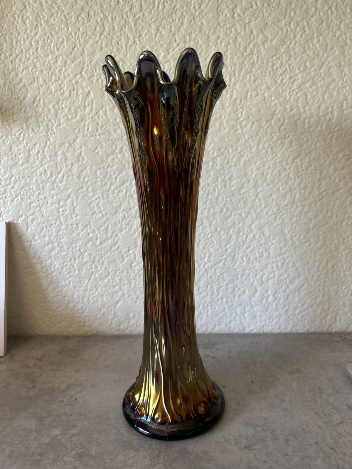 Vintage Northwood Tree Trunk Cobalt Blue Carnival Glass Swung Vase 11”