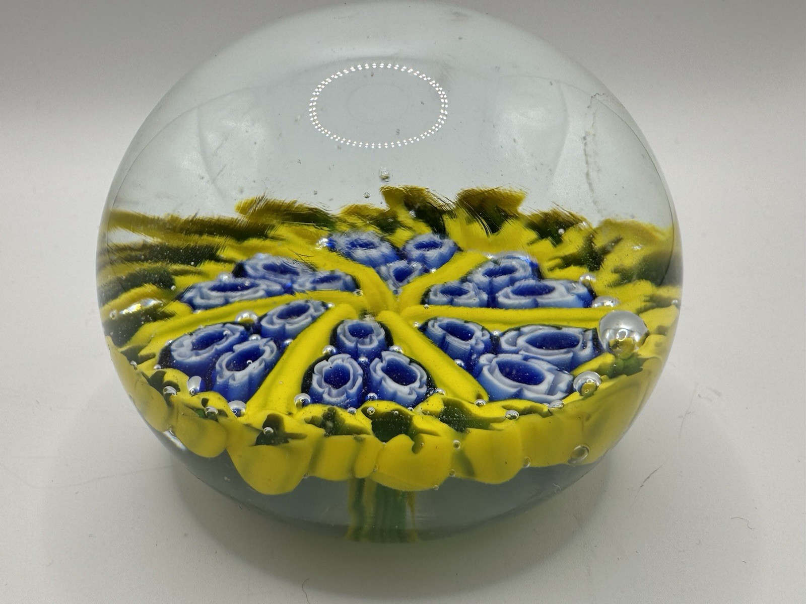 Art Glass Paperweight Millefiori-inspired Canes in blue, white, yellow, green