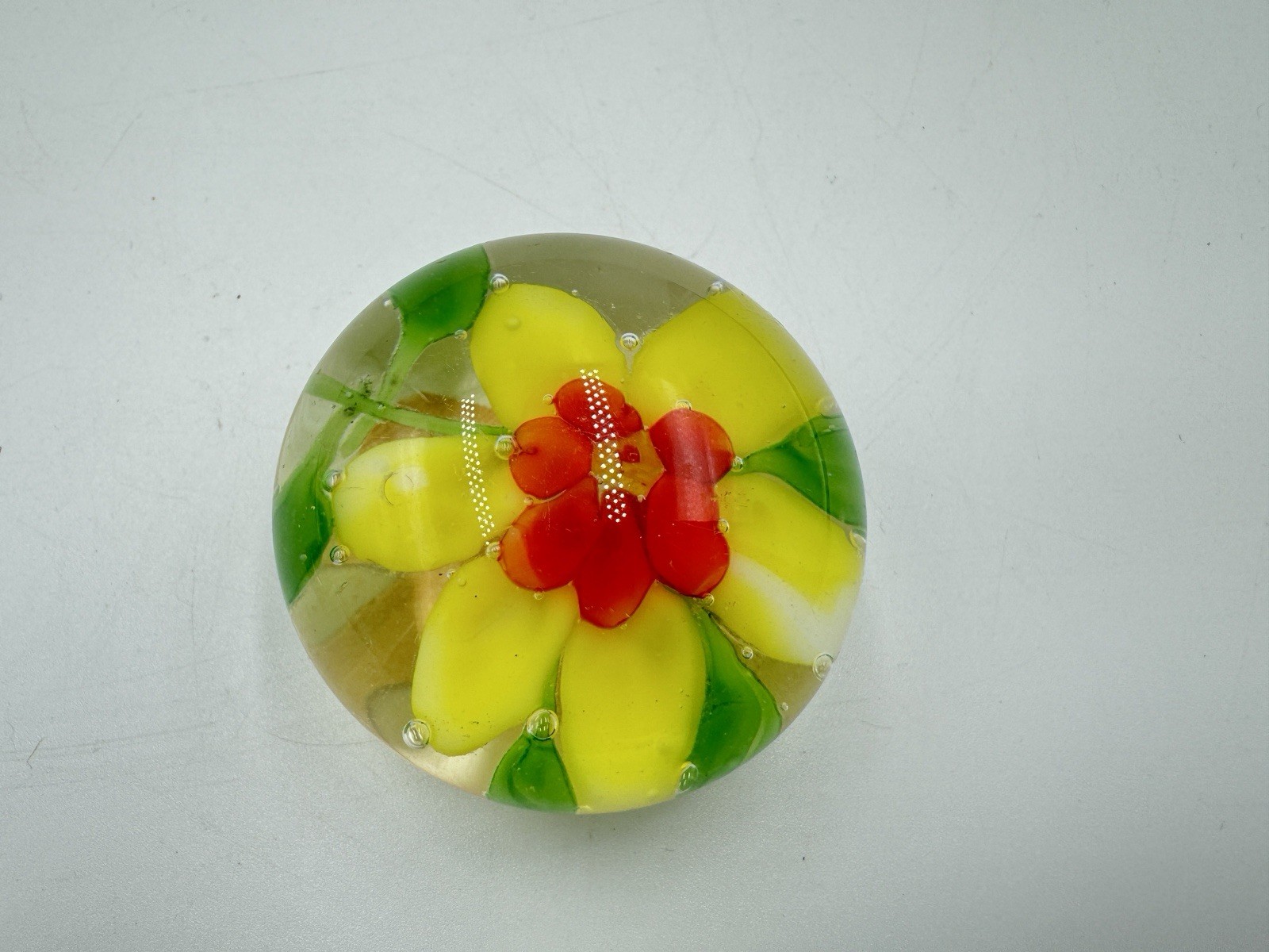 Vintage Orange Yellow Green Flower In Glass Paperweight Art Glass Decorative