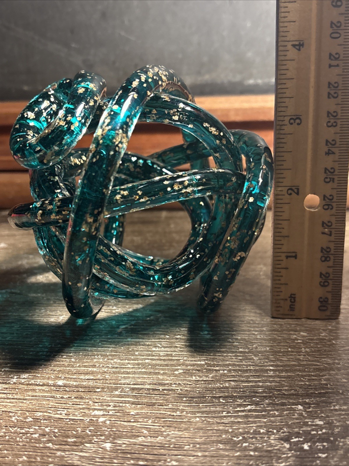 Art Glass Paperweight Teal Infinity Knot Twisted Rope Sculpture Silver Flecks F1