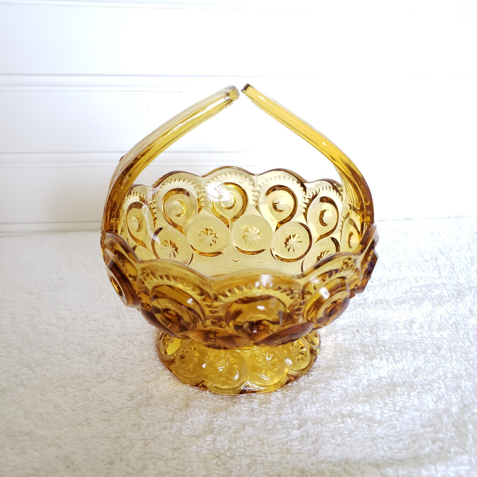 Vintage Amber Glass Basket, Pressed Glass Candy Dish, Small Footed Basket, MCM