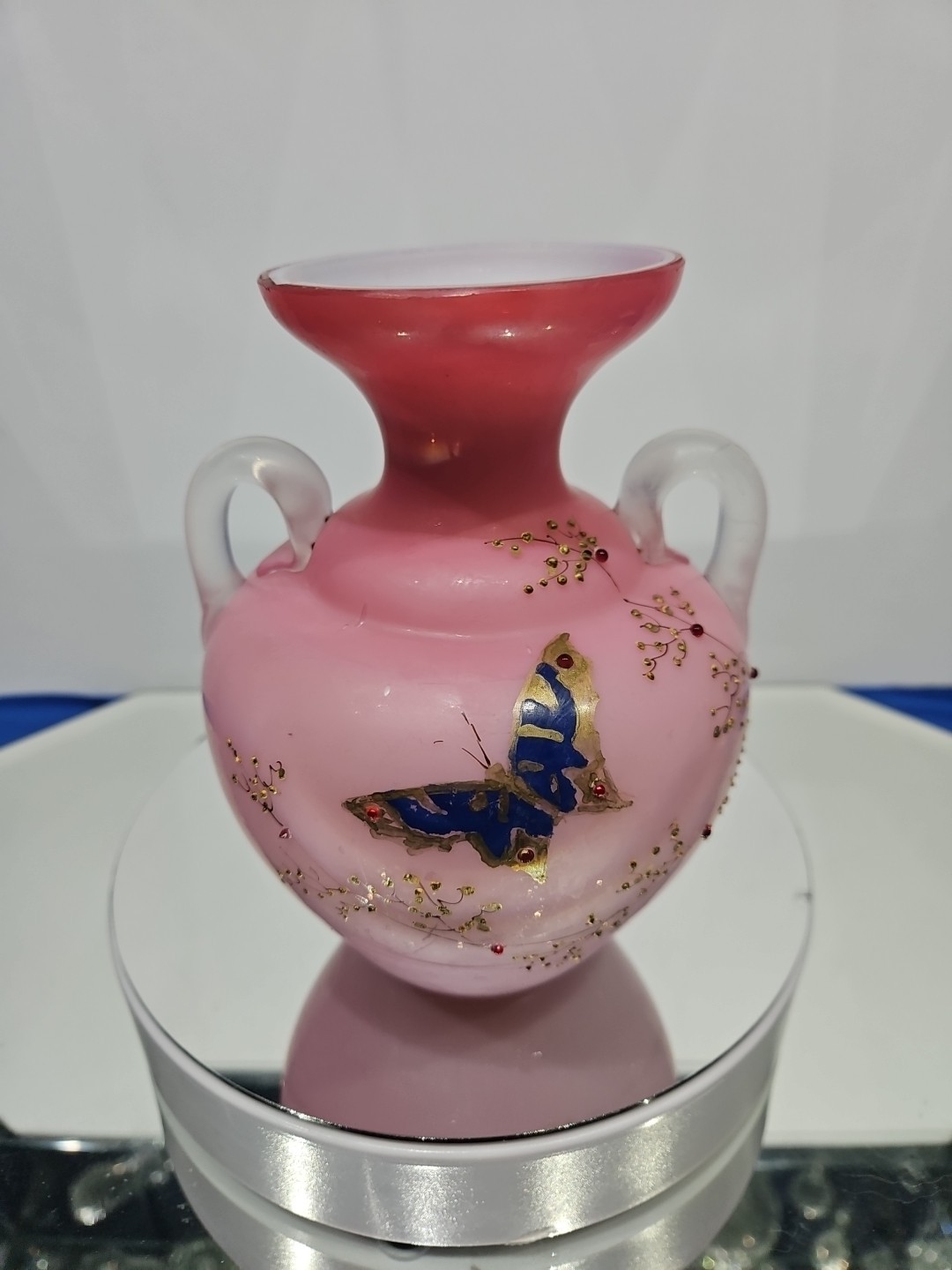 Art Glass Vase w/ handles Cased Pink white Peach Blow butterfly enamel victorian