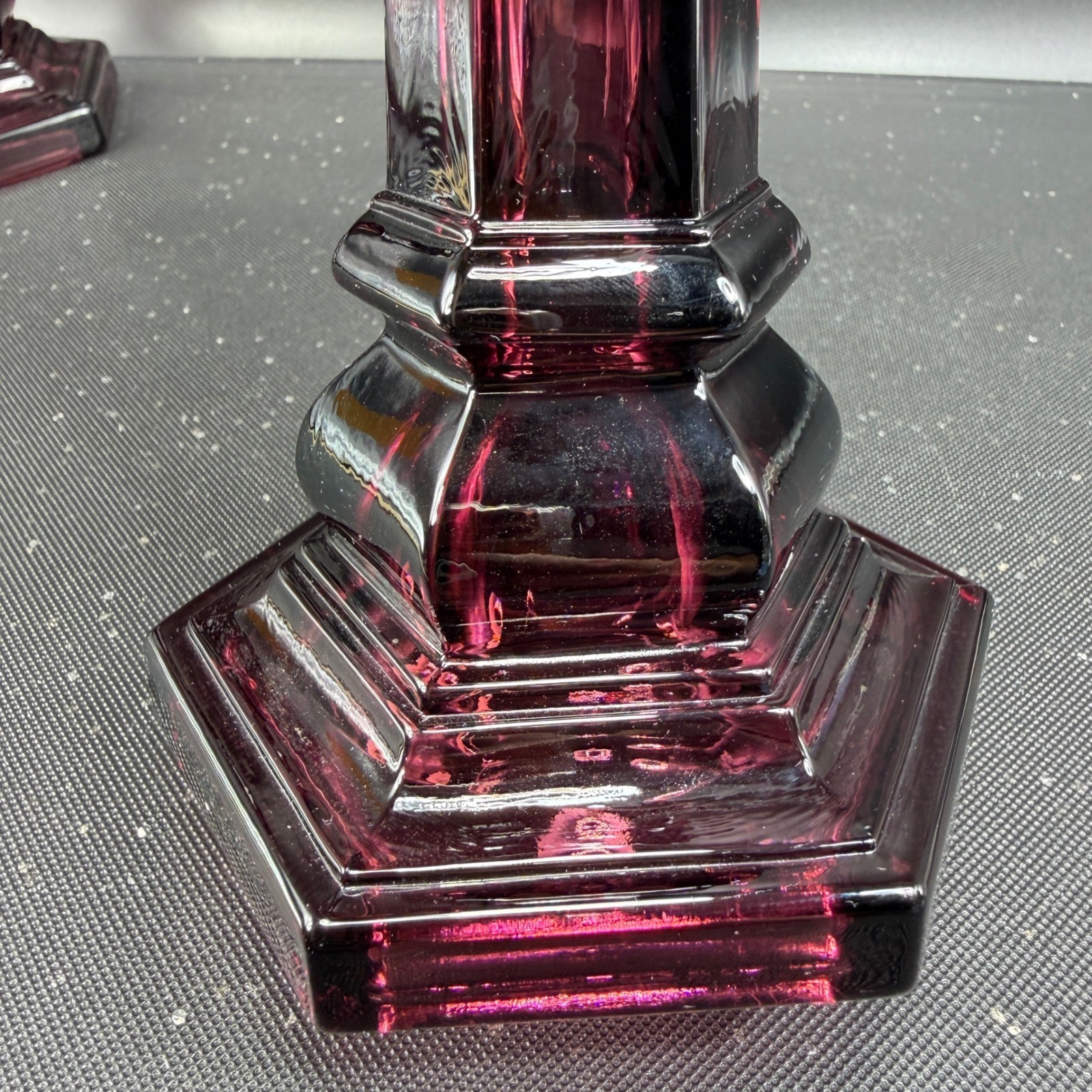MMA Amethyst Glass Candlesticks Pair Purple Hexagonal Metropolitan Museum of Art