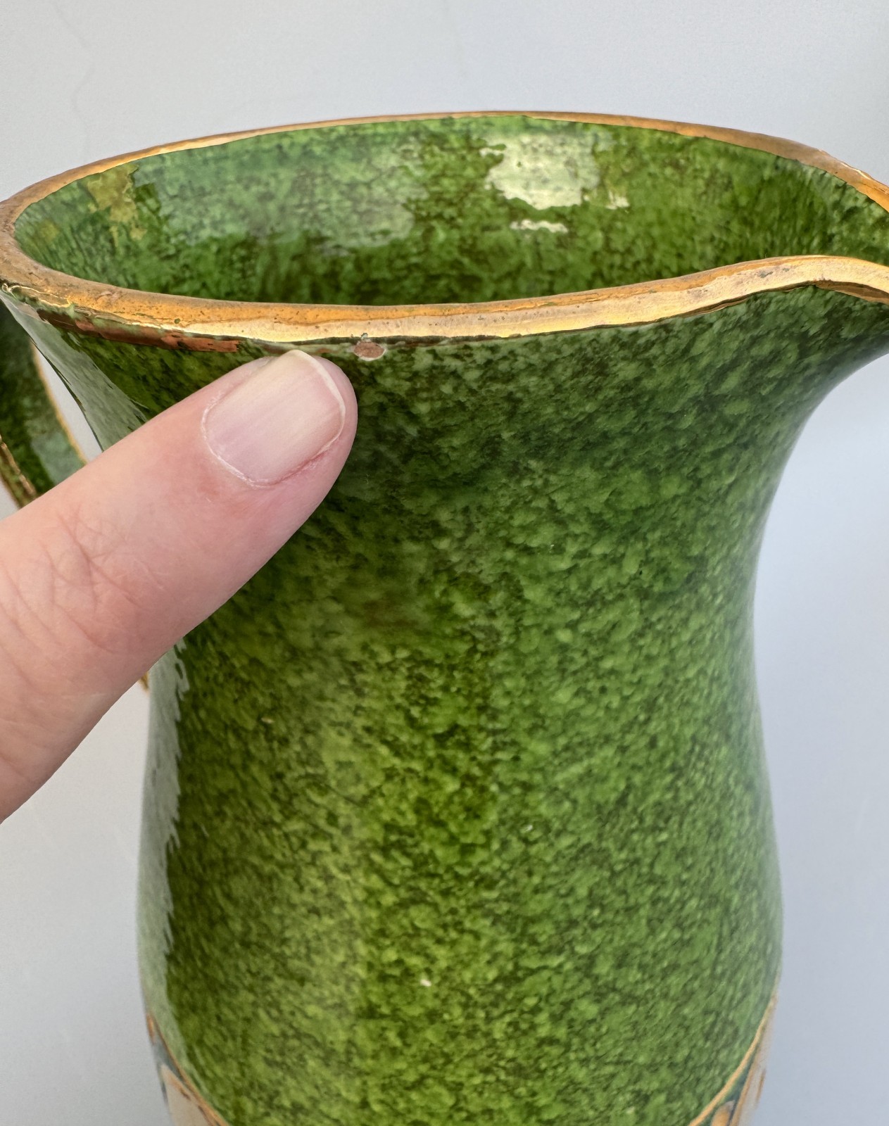 Italian Pottery Pitcher, Mid 20th Century, Green with Gold Accents, Italy