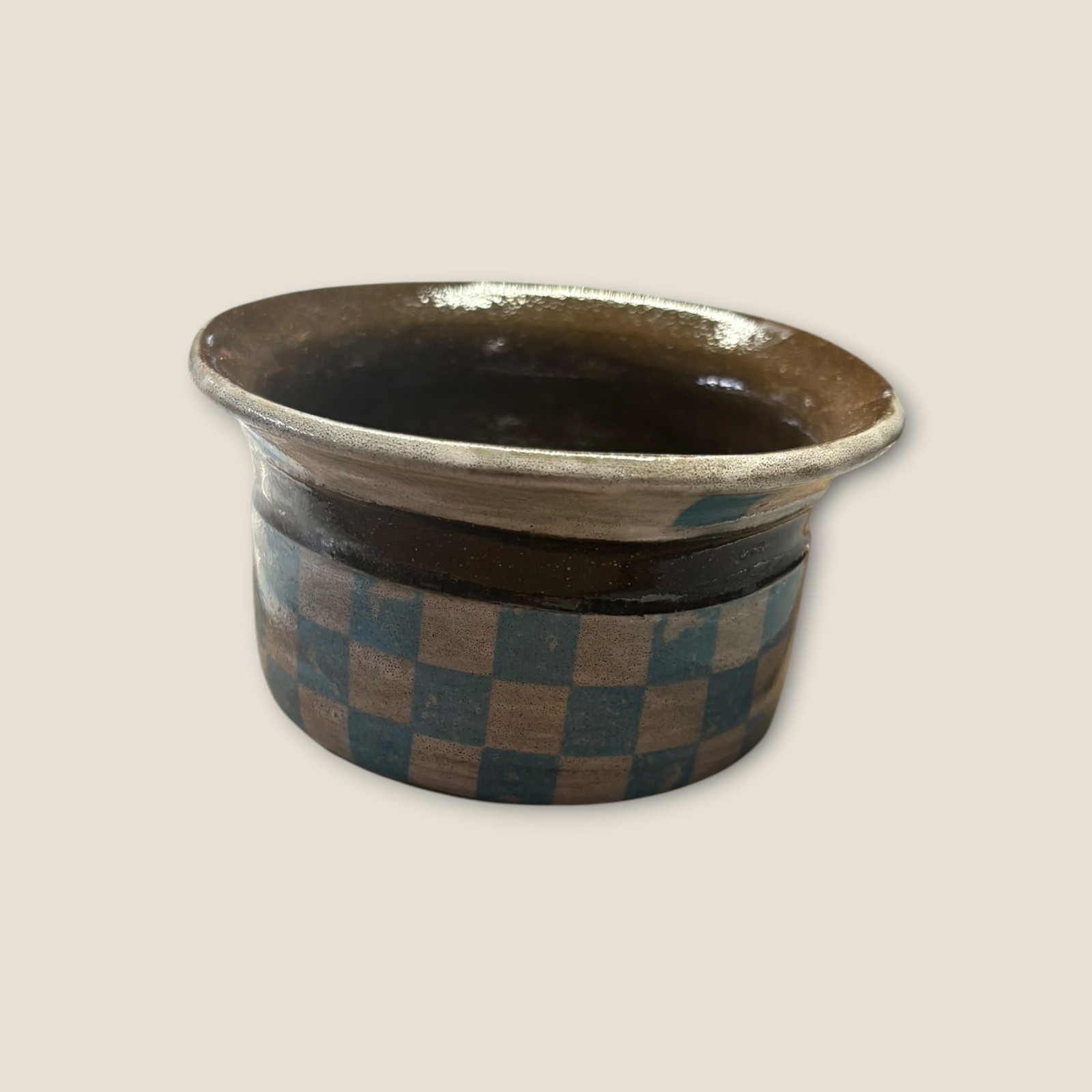 Handmade Ceramic Vase Pottery Brown Blue Checkered Bird Design Modern Art