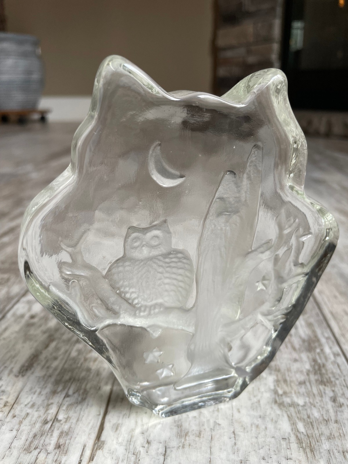 Owl in Tree Owl Shaped Clear Art Glass Paperweight Moon Stars