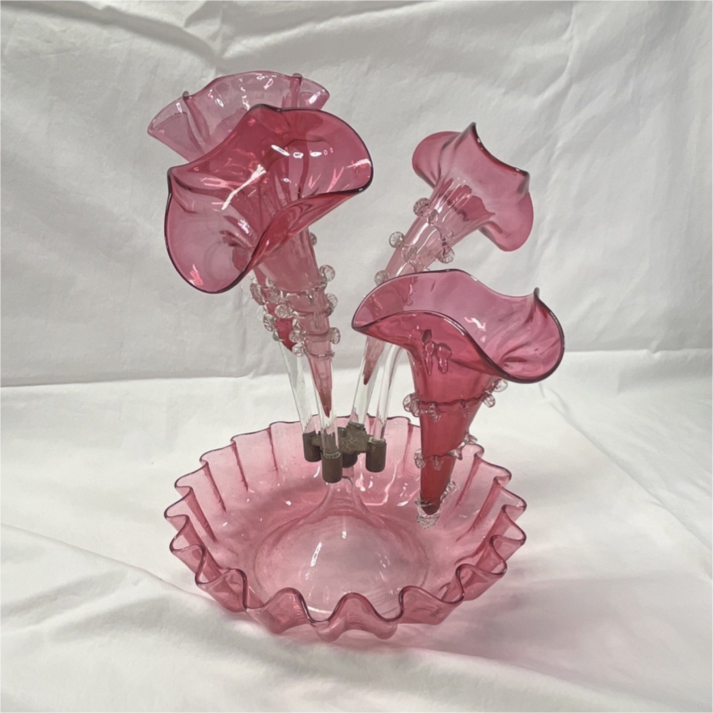 Victorian Pink Hand Blown Art Glass Epergne Vase with Ruffled Edge Free Shipping