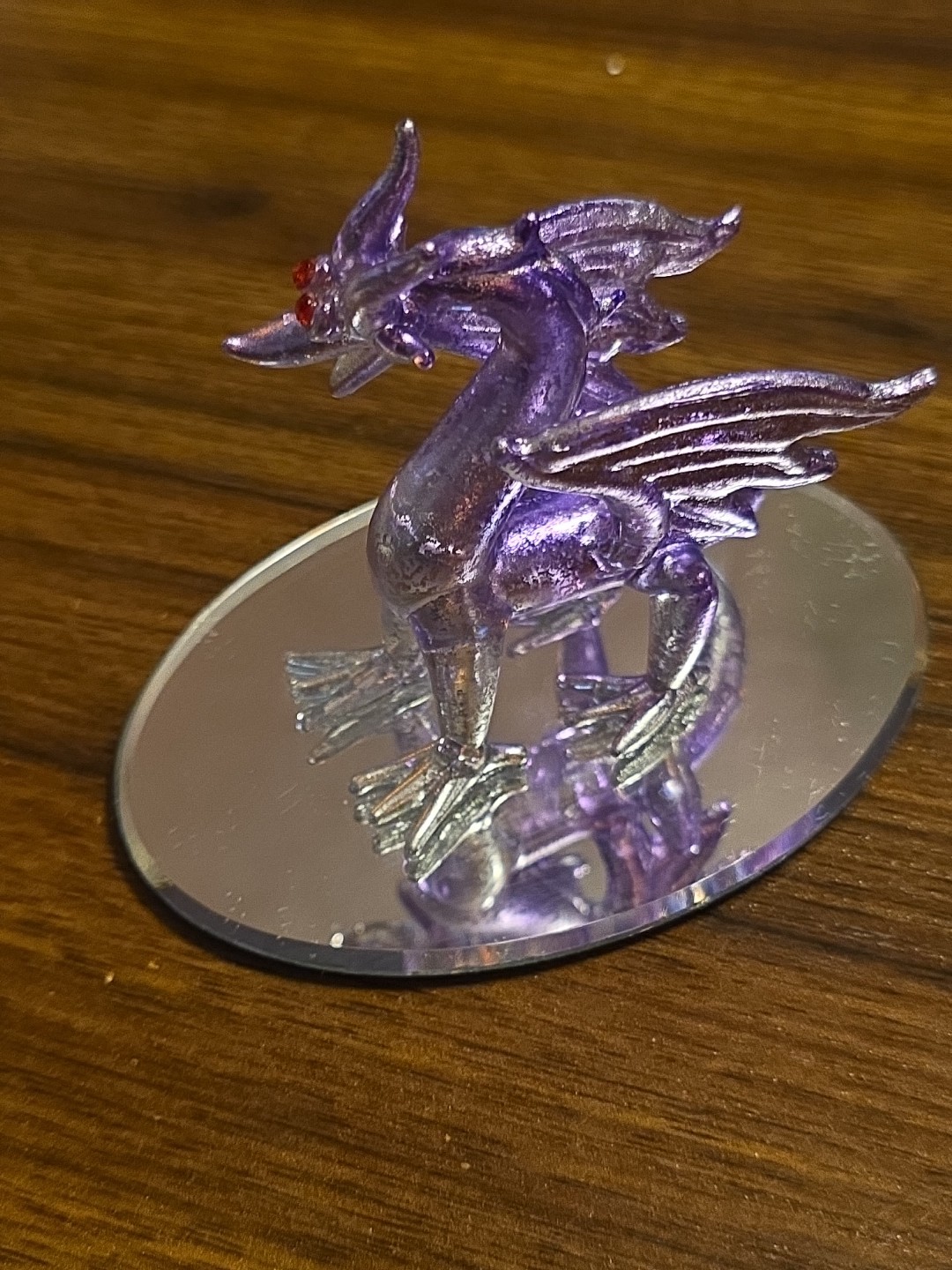Dragon on round mirror base hand blown glass purple figurine fantasy decor