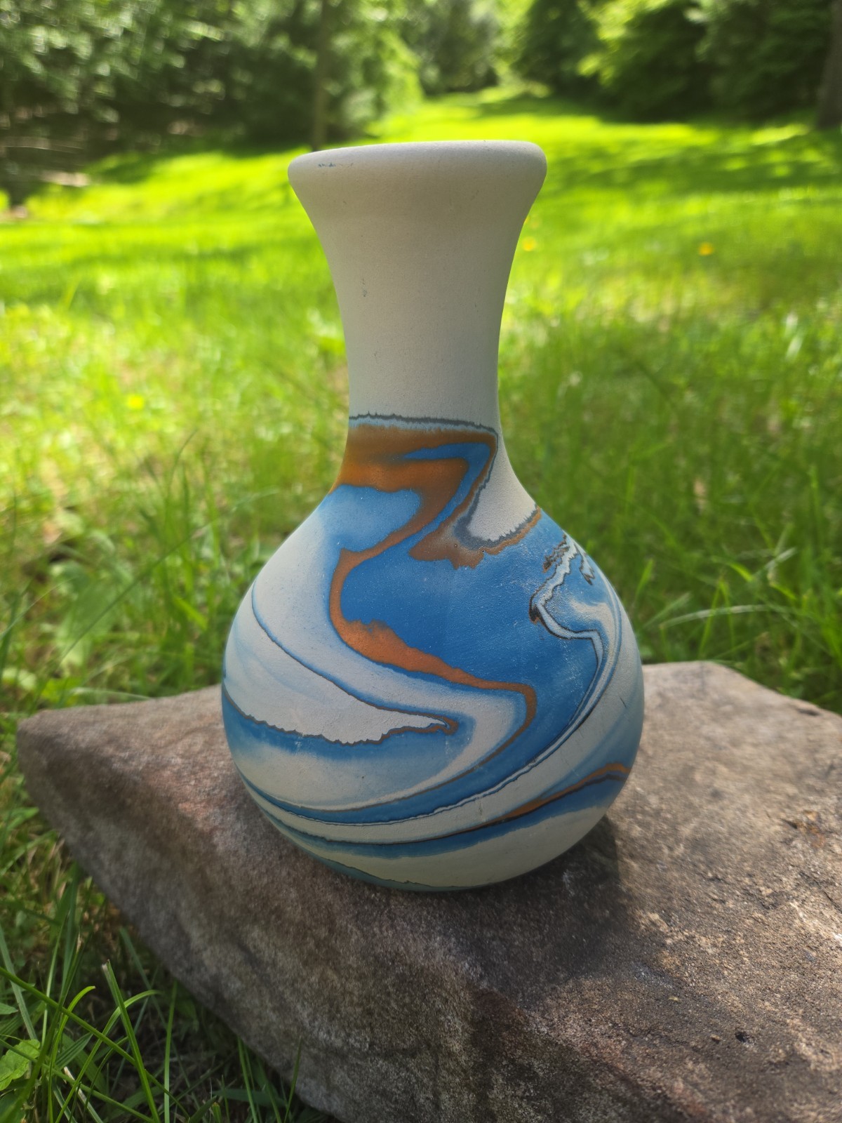 Beautiful Blue Orange White Nemadji Hand Painted Clay Pottery 6.5 In Bud Vase