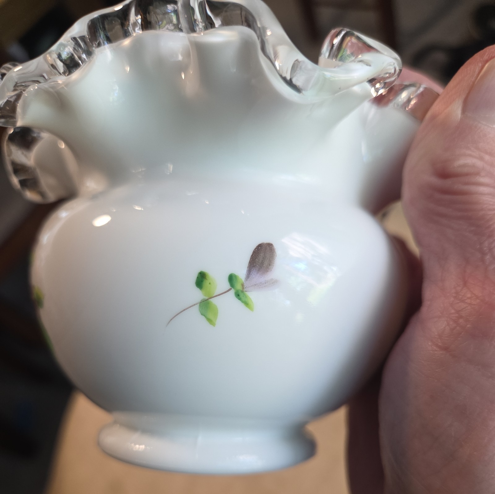 Vintage Fenton Violets In The Snow Crimped Bowl- handpainted & signed Kim Blake