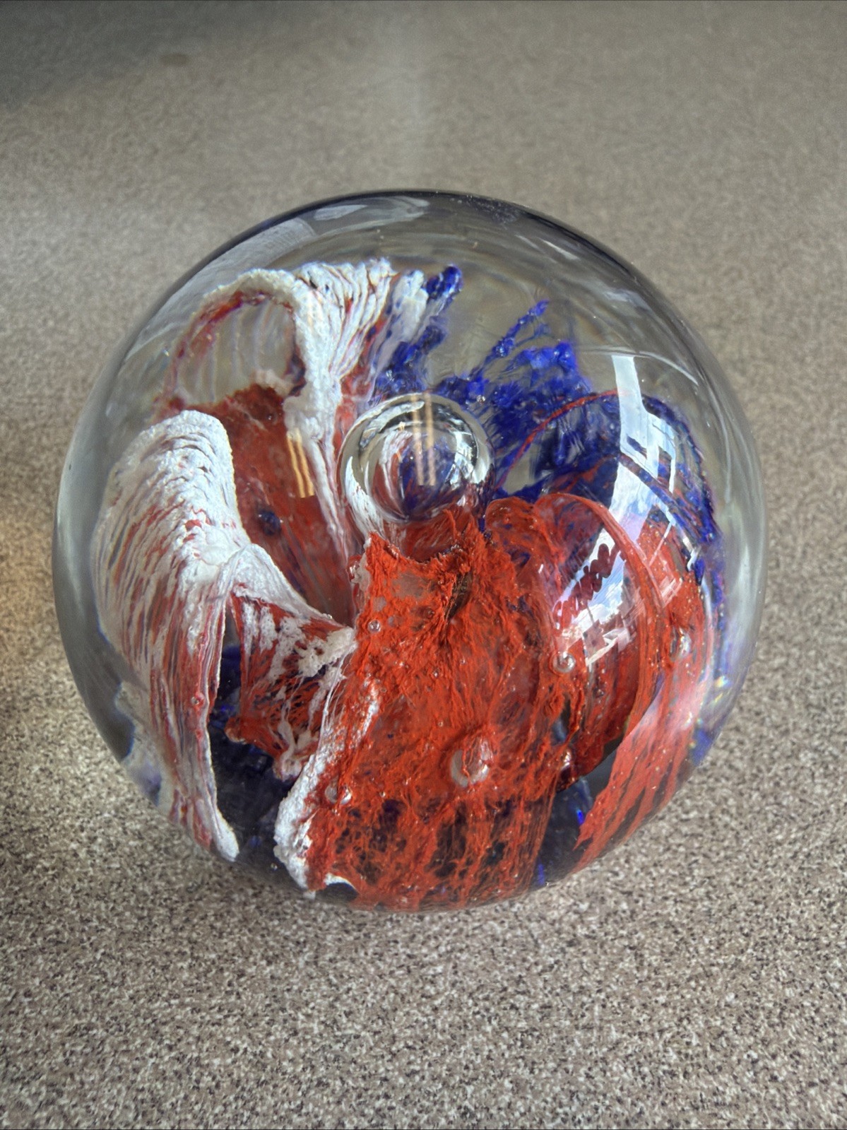 Red White & Blue 3”Glass Art Sphere Paperweight USA Stunning Display Piece WOW!