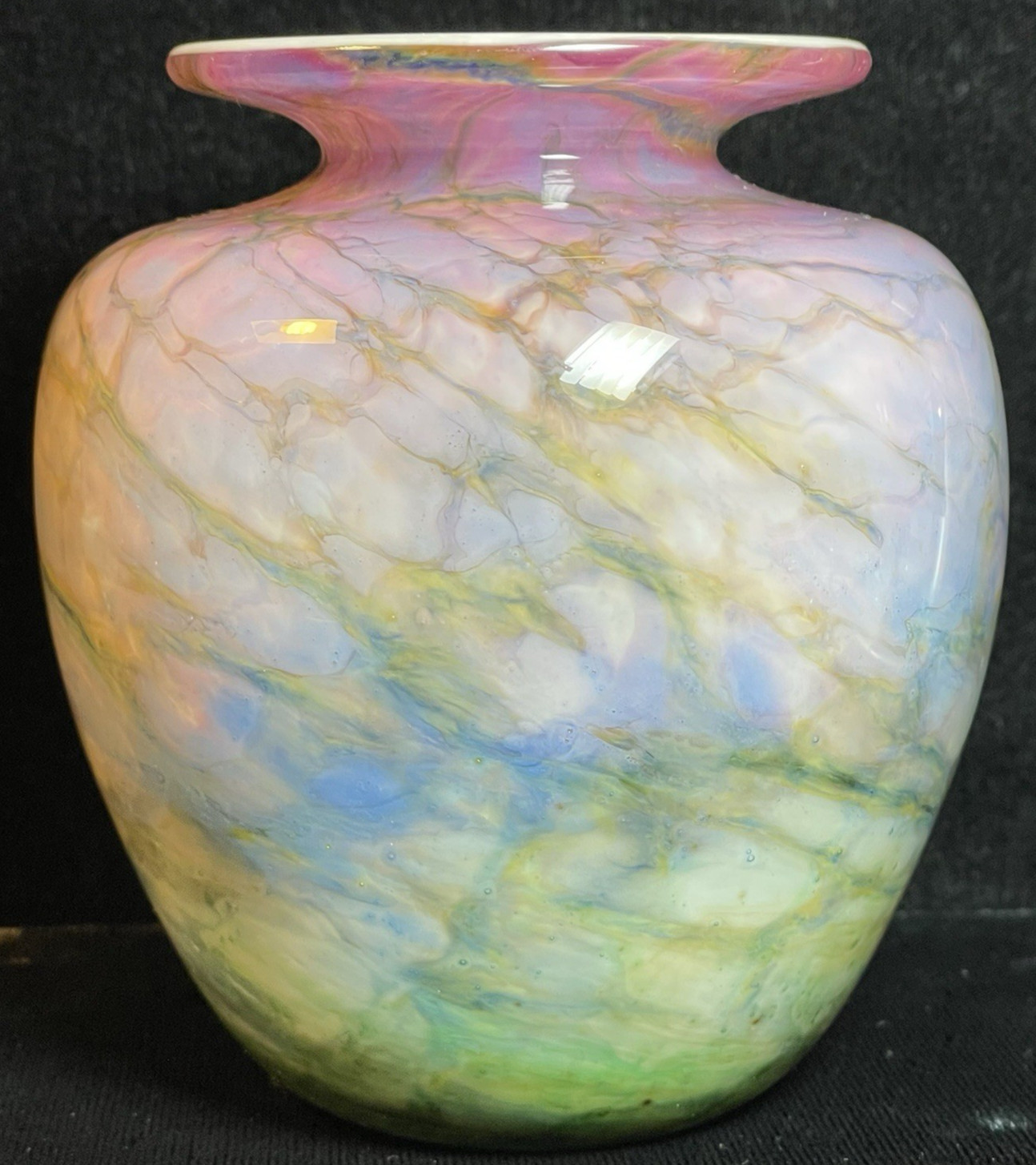 VTG DAVID LINDSAY OF NOUROT STUDIOS HAND BLOWN VASE PINK GREEN BLUE CIRCA 1981