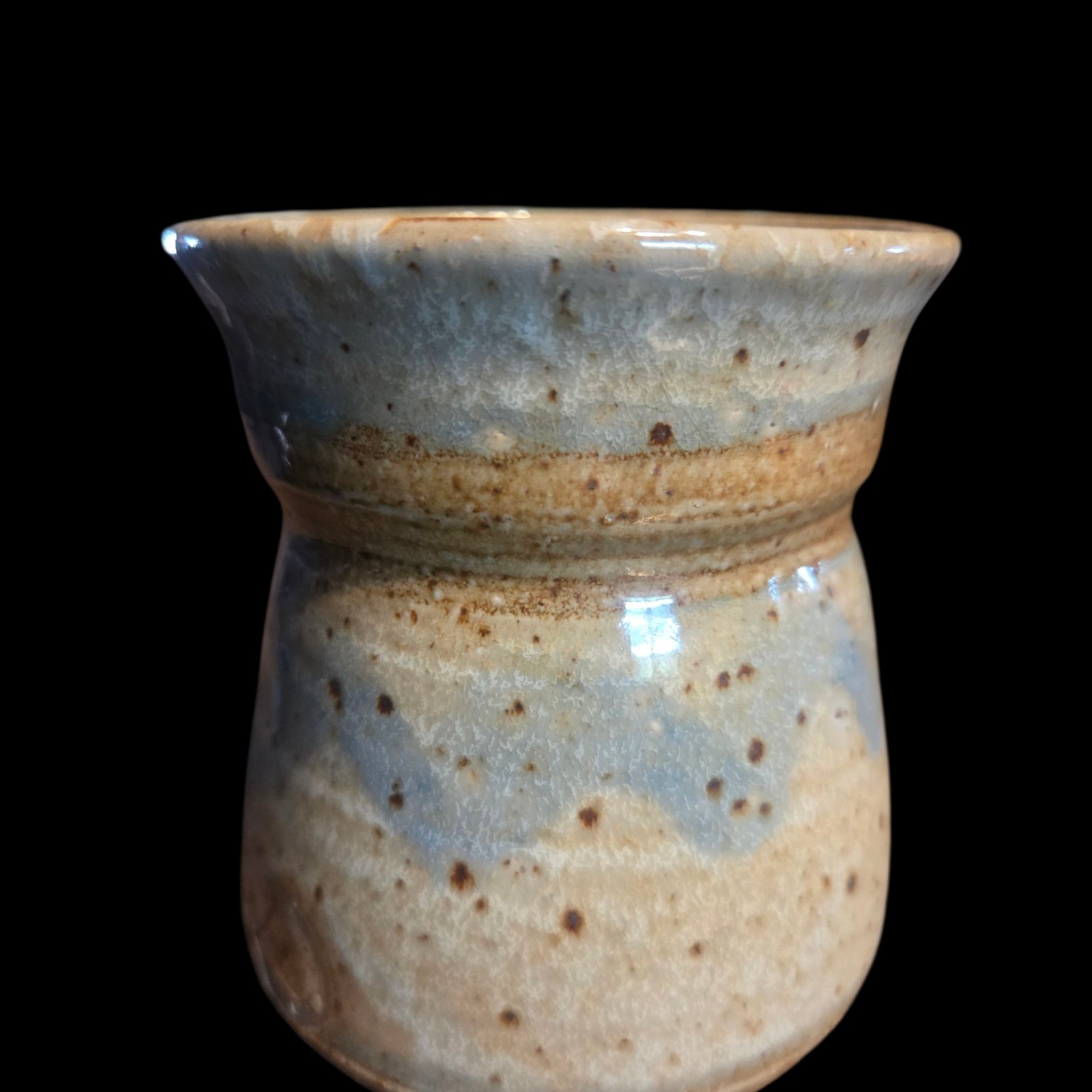 Studio Art Pottery Vase 3.5″ Planter Handleless 11oz Cup Tan Brown Blue Chevron