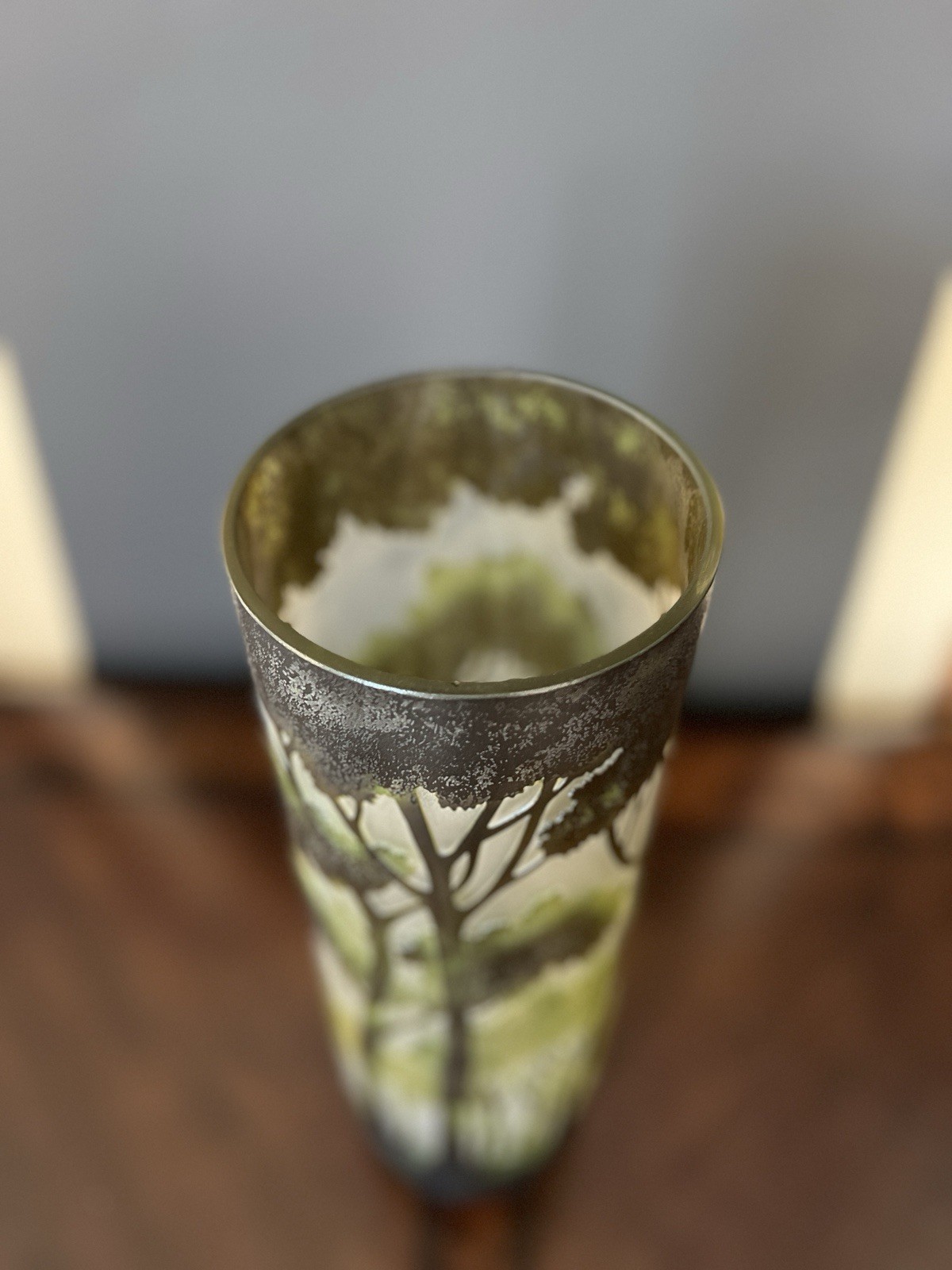 Vintage Mid-20th C Cameo Glass Vase Forest Landscape Gallé Style Large 15”