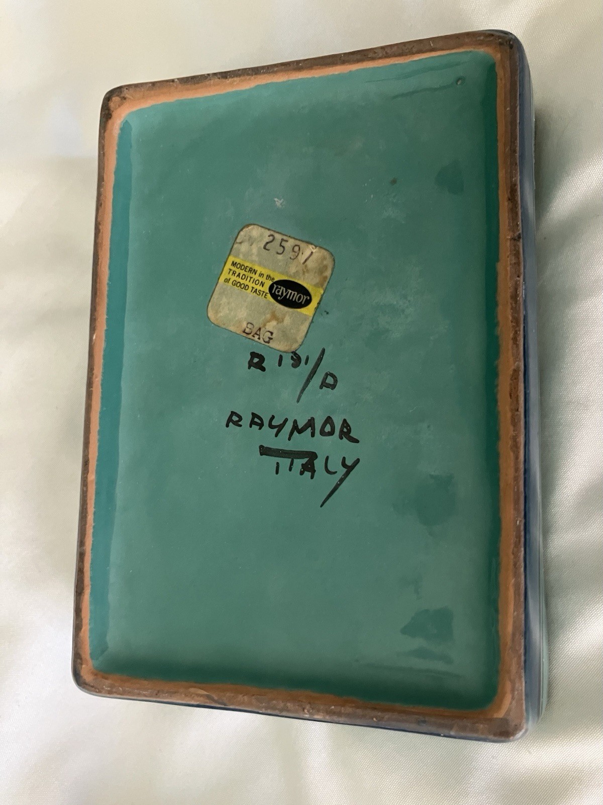 Vintage Raymor Italian Pottery Lidded Box Blue Green Stripe Ceramic Trinket Box